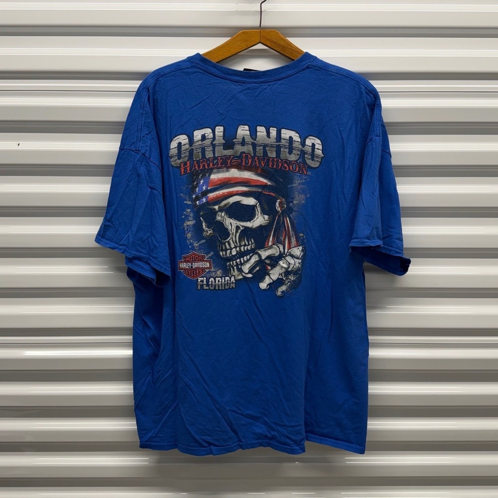 Vintage Harley Davidson Skull Pirate Orando Blue Mens XXL Shirt